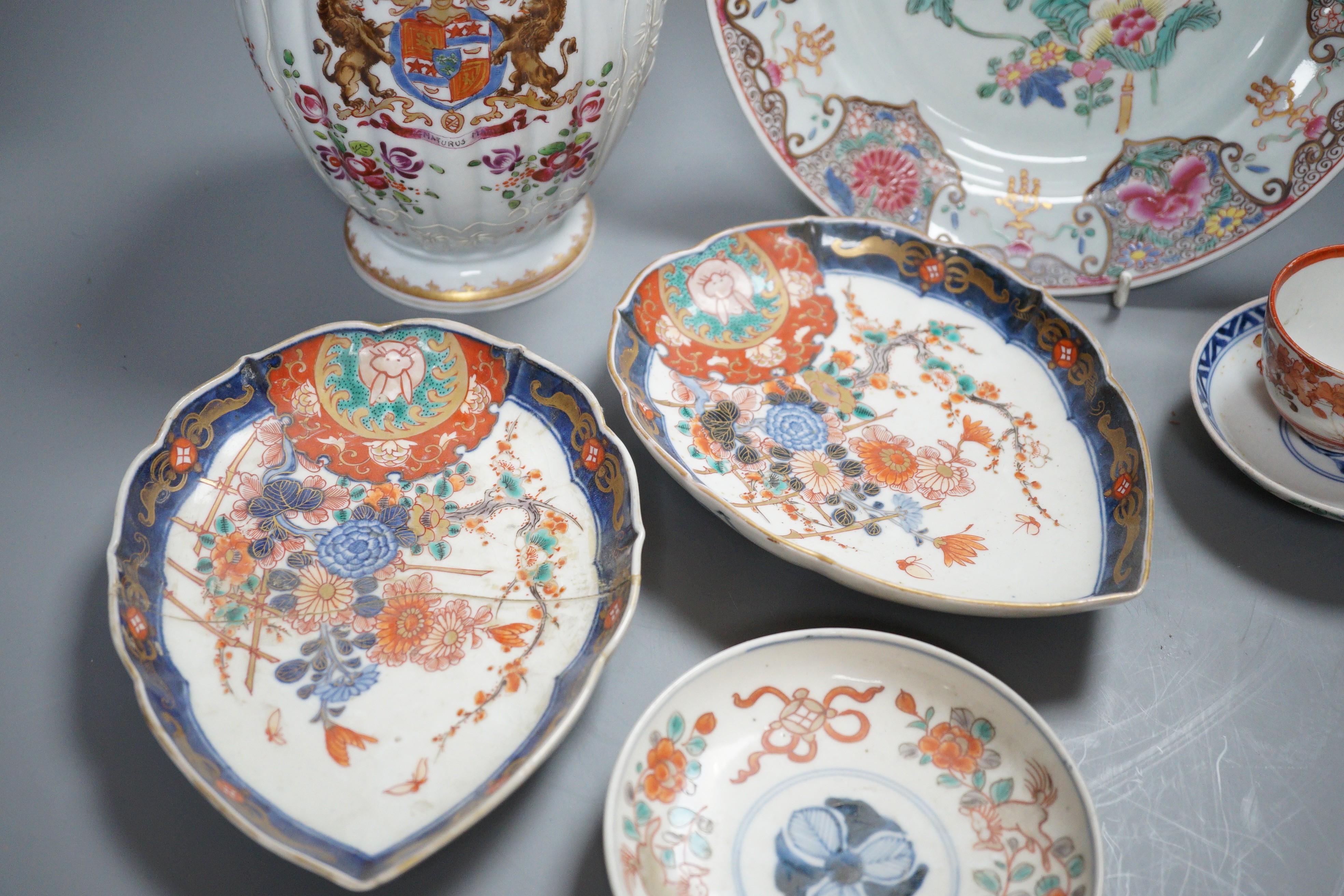 A Samson ovoid armorial jar, a Samson plate, a pair of Imari leaf dishes and three other Chinese/Japanese items